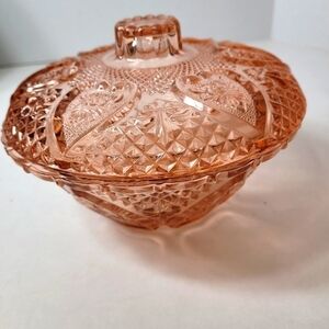 Vintage Glass KIG Indonesian Glass Candy Dish Pink Hearts Pattern